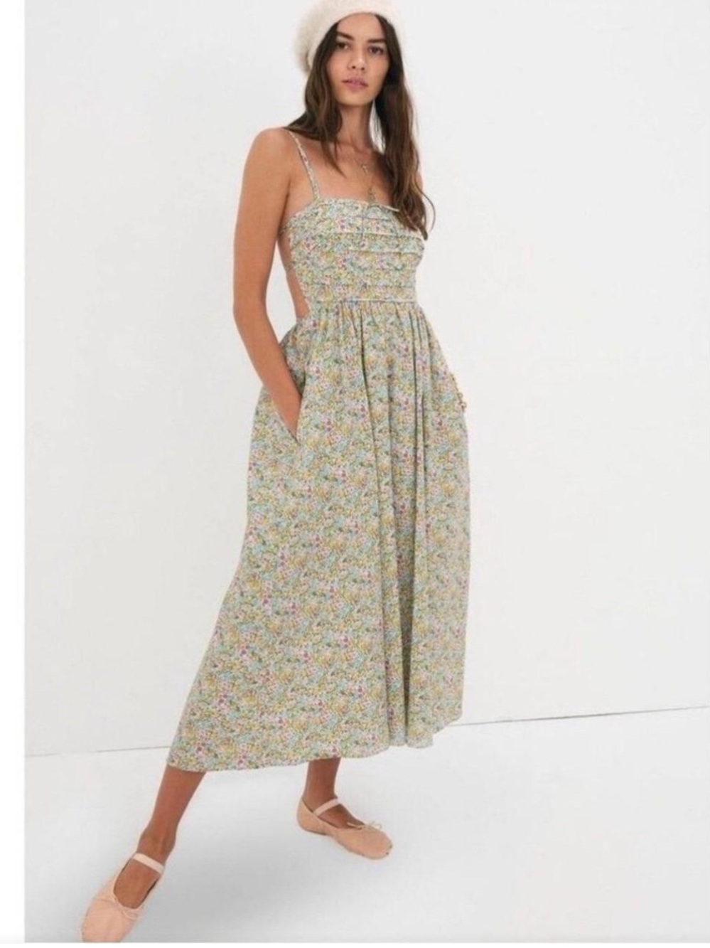 For Love And Lemons Raleigh Floral Midi dress with Pockets in liberty pink blue